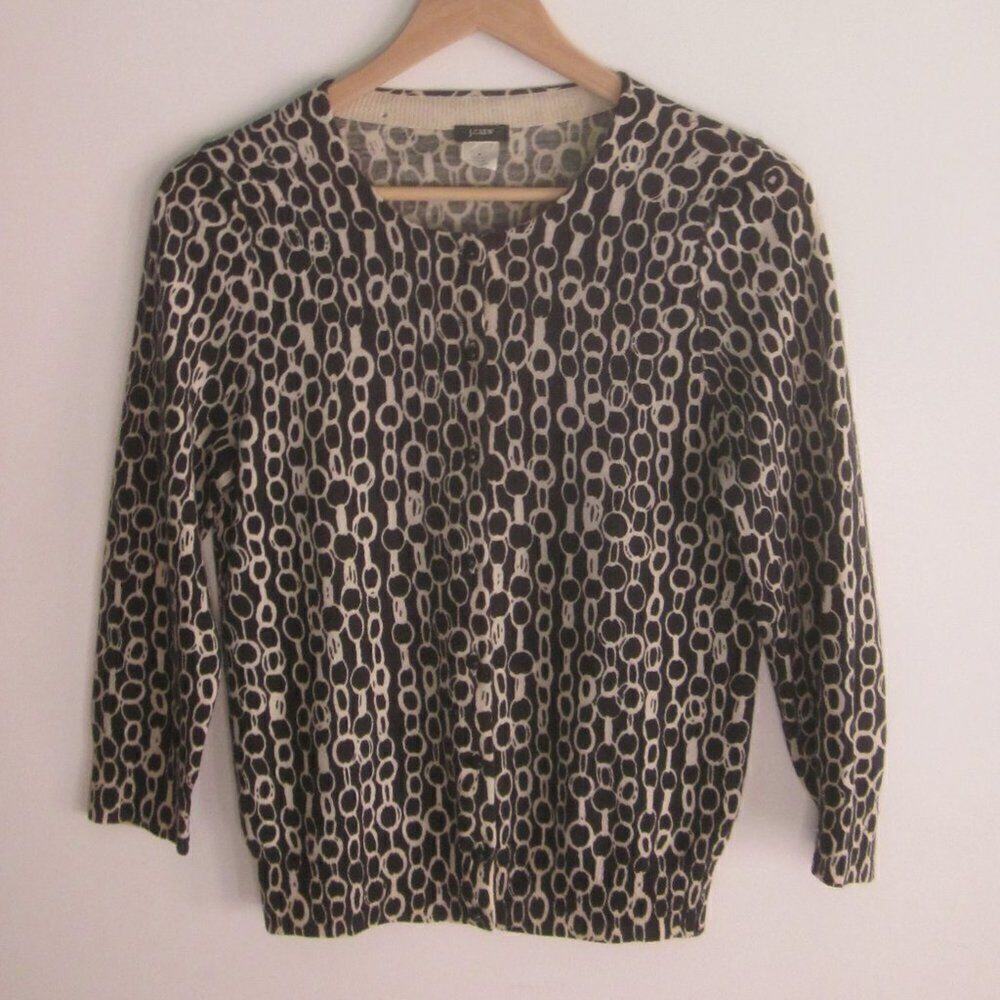 J Crew Womens Size M Button Front Wool Cardigan Black Chain Print Sweater 34" B